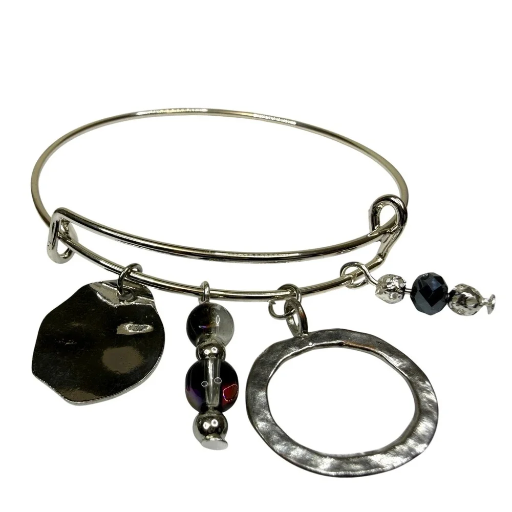 Expandable Silver Tone Bangle Bracelet with Black & Smoky Bead Charms